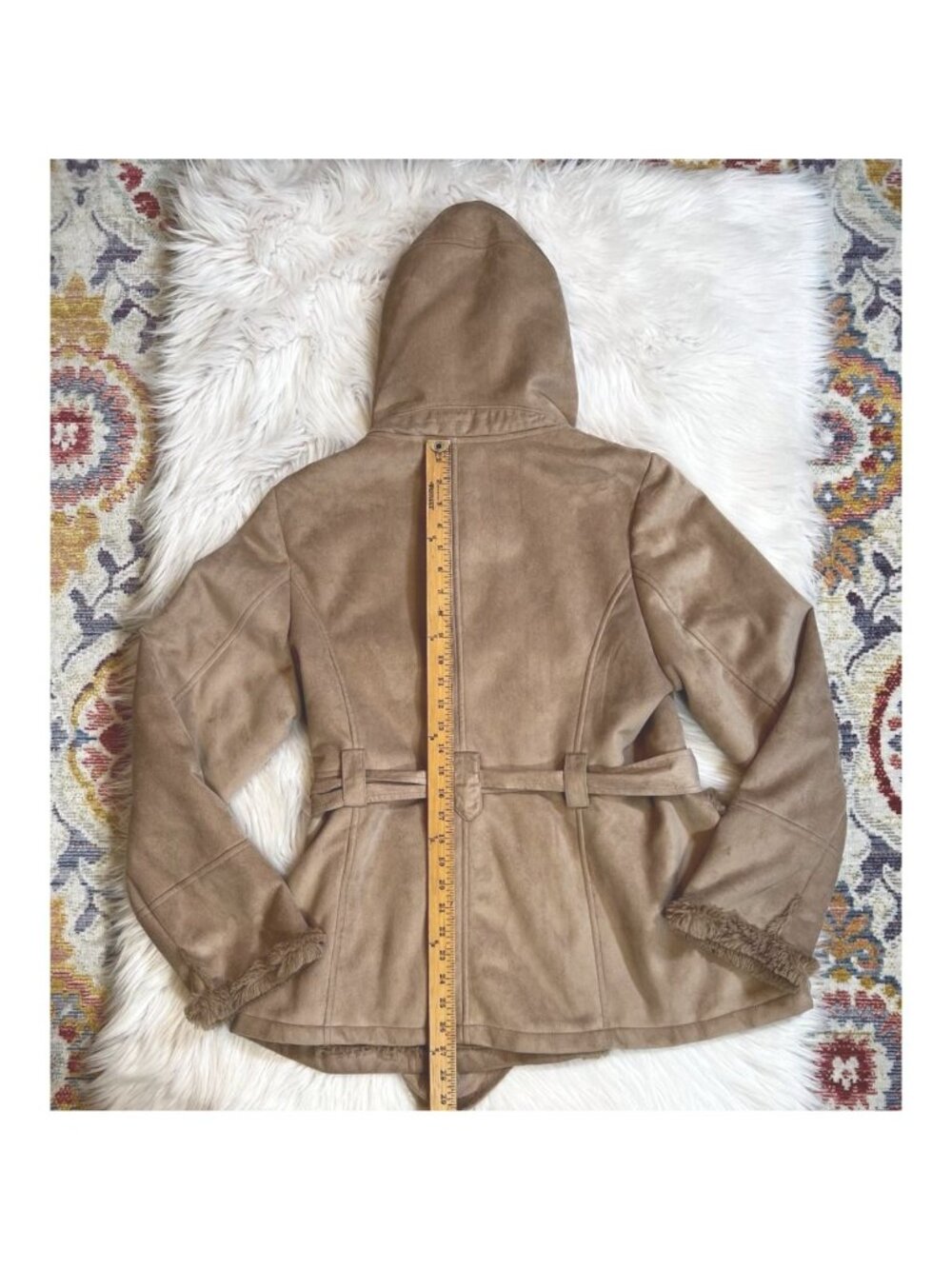 Jones New York Womens Jacket Coat XL Brown Buttons Hooded Faux Fur Trim V Neck - Picture 8 of 8